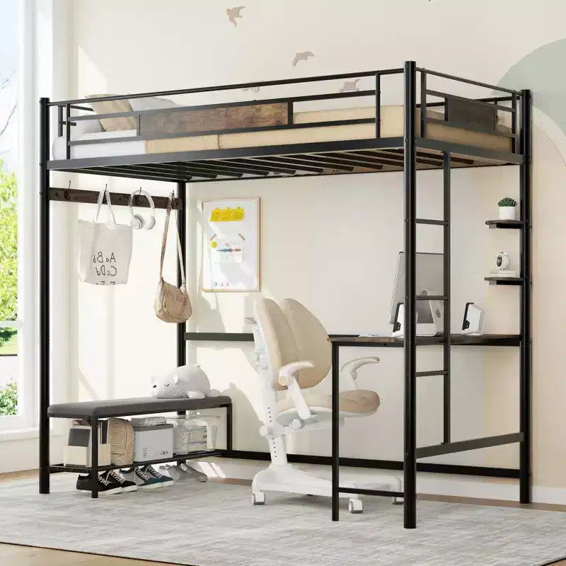 Twin Loft Bed Frame with Storage, Easy Assembly, Sturdy Metal Slats with Buckle Design, No Box Spring Needed