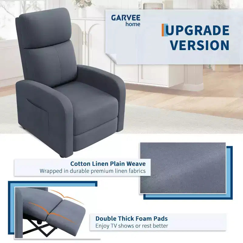 Fauteuil relax pour adultes, fauteuil inclinable paresseux ergonomique réglable, canapé simple amélioré avec poche latérale, dossier haut, accoudoirs larges et assise rembourrée