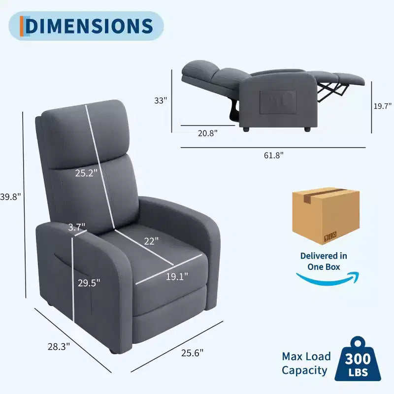 Fauteuil relax pour adultes, fauteuil inclinable paresseux ergonomique réglable, canapé simple amélioré avec poche latérale, dossier haut, accoudoirs larges et assise rembourrée