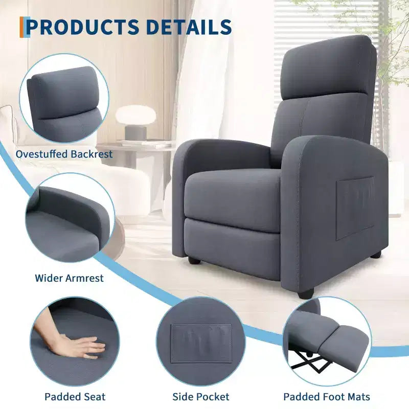 Fauteuil relax pour adultes, fauteuil inclinable paresseux ergonomique réglable, canapé simple amélioré avec poche latérale, dossier haut, accoudoirs larges et assise rembourrée