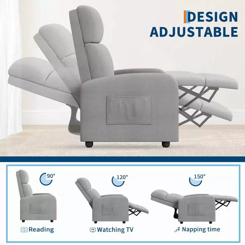 Fauteuil relax pour adultes, fauteuil inclinable paresseux ergonomique réglable, canapé simple amélioré avec poche latérale, dossier haut, accoudoirs larges et assise rembourrée