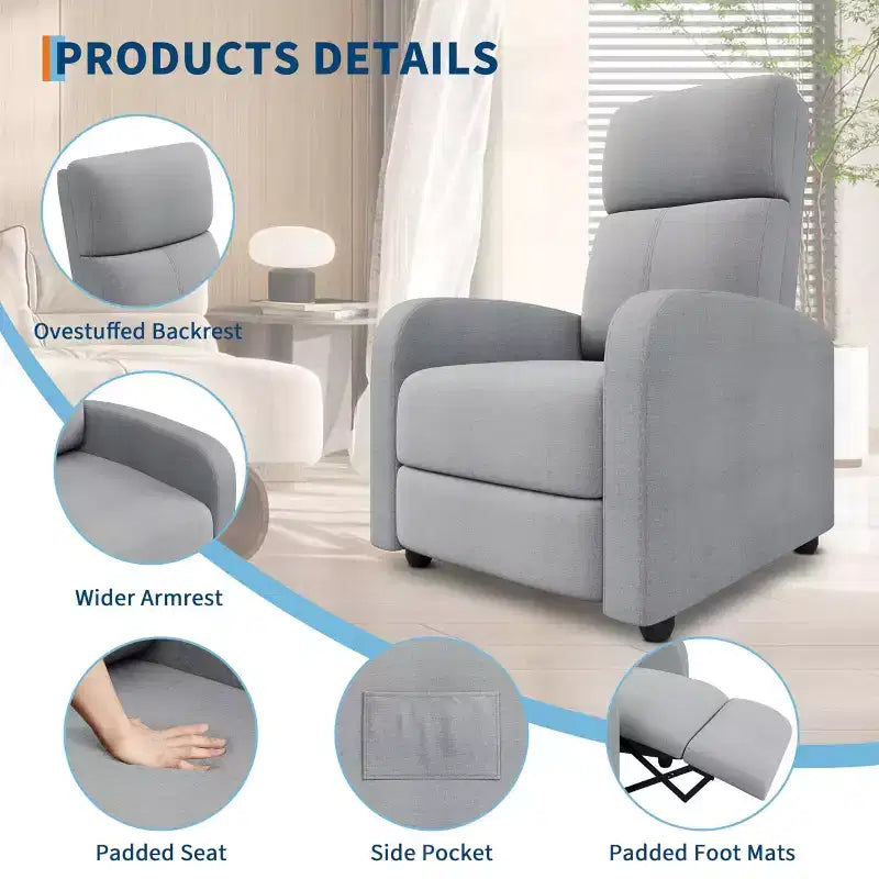Fauteuil relax pour adultes, fauteuil inclinable paresseux ergonomique réglable, canapé simple amélioré avec poche latérale, dossier haut, accoudoirs larges et assise rembourrée