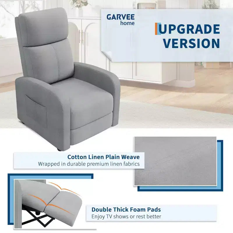 Fauteuil relax pour adultes, fauteuil inclinable paresseux ergonomique réglable, canapé simple amélioré avec poche latérale, dossier haut, accoudoirs larges et assise rembourrée