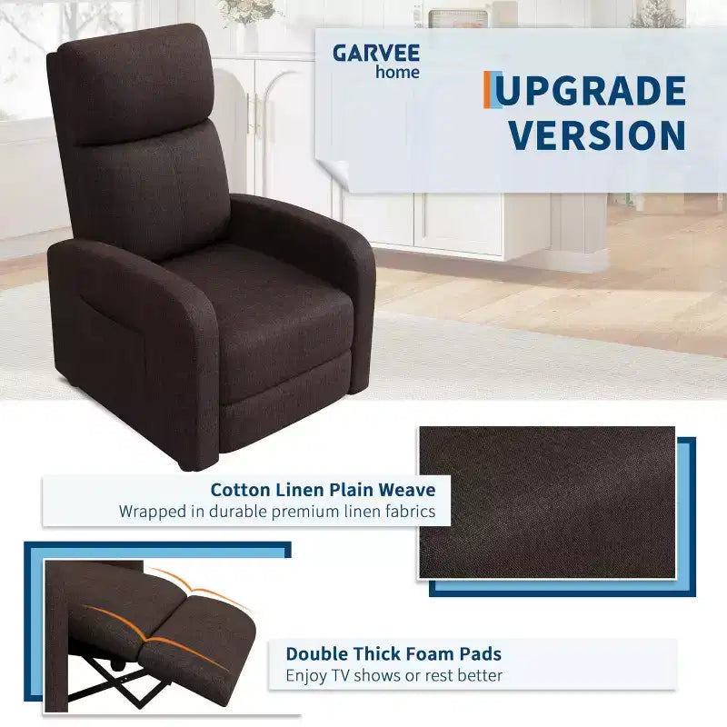 Fauteuil relax pour adultes, fauteuil inclinable paresseux ergonomique réglable, canapé simple amélioré avec poche latérale, dossier haut, accoudoirs larges et assise rembourrée