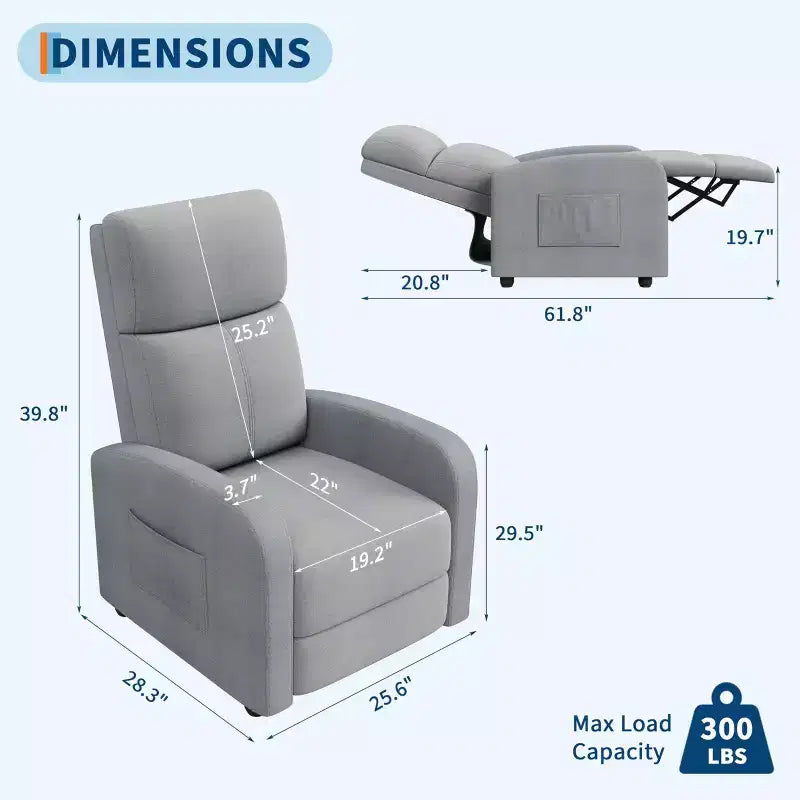 Fauteuil relax pour adultes, fauteuil inclinable paresseux ergonomique réglable, canapé simple amélioré avec poche latérale, dossier haut, accoudoirs larges et assise rembourrée