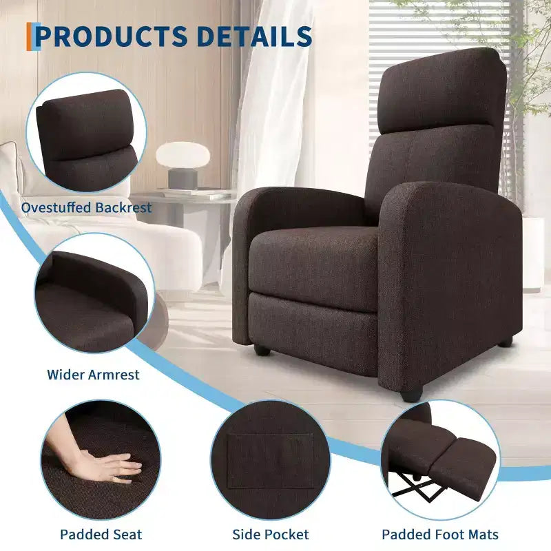 Fauteuil relax pour adultes, fauteuil inclinable paresseux ergonomique réglable, canapé simple amélioré avec poche latérale, dossier haut, accoudoirs larges et assise rembourrée