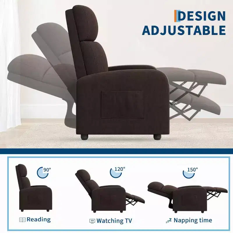 Fauteuil relax pour adultes, fauteuil inclinable paresseux ergonomique réglable, canapé simple amélioré avec poche latérale, dossier haut, accoudoirs larges et assise rembourrée