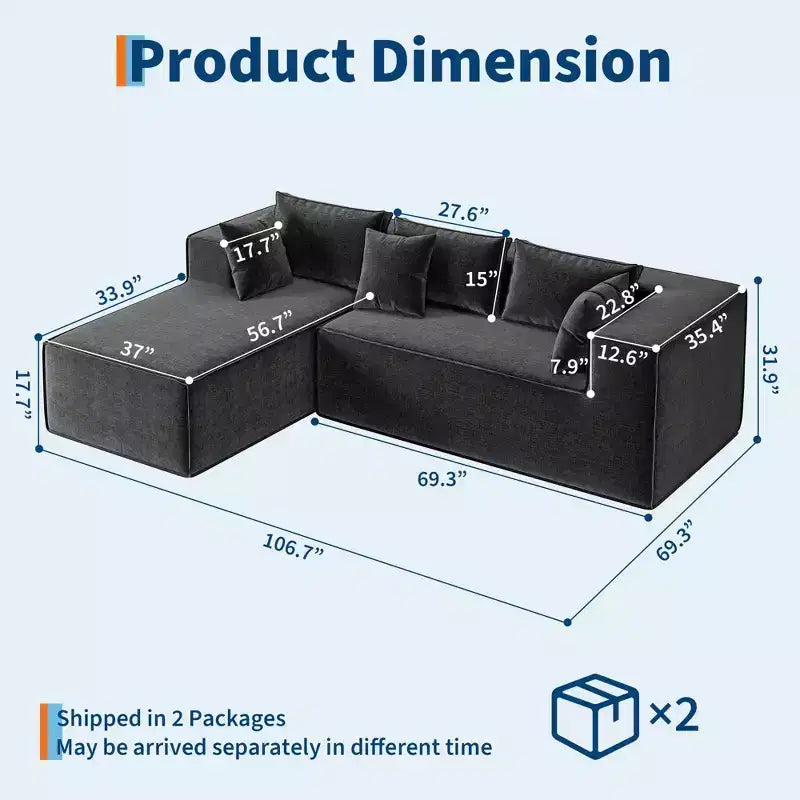 Canapés modulaires pour salon, canapé sectionnel Cloud avec assise profonde, canapé en L modulaire de 106,7 po avec chaise longue, canapés rembourrés