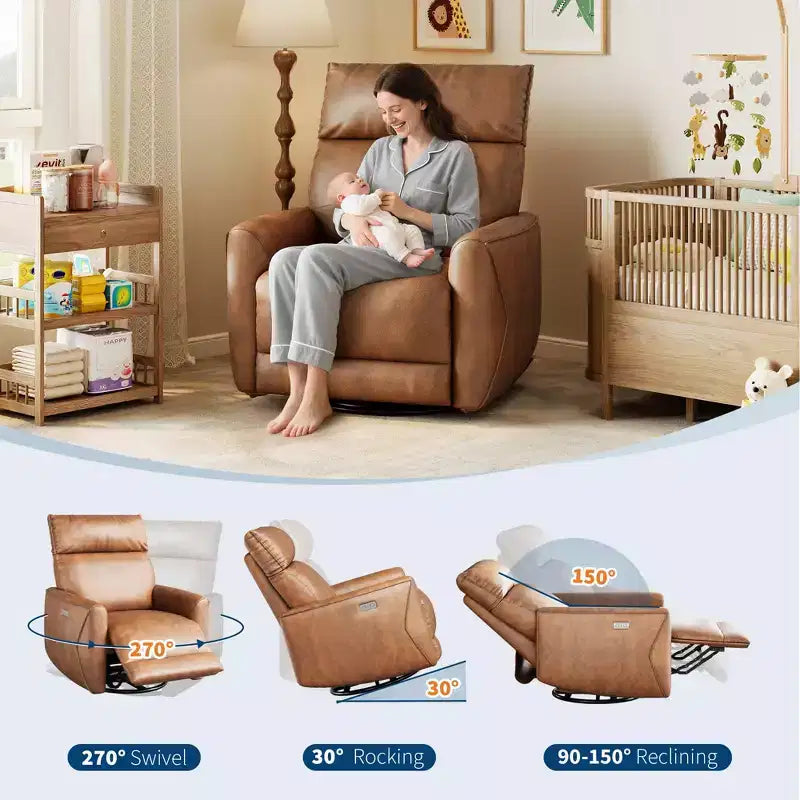 Fauteuil inclinable électrique, fauteuil pivotant et berçant pour adultes, fauteuil de relaxation en tissu rembourré avec ports USB pour chambre d de bébé