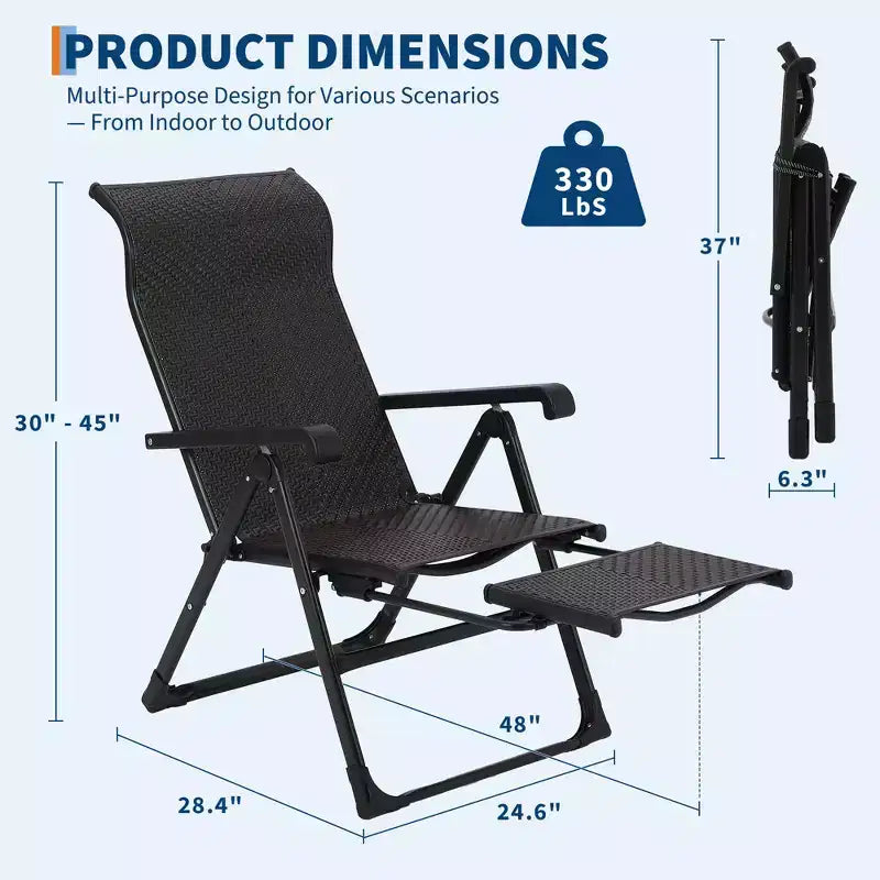 Chaise longue pliante en rotin pour l'extérieur, chaise longue portable d'extérieur, repose-pieds d'extérieur réversible, rotin PE, 150 kg, convient pour le jardin, le balcon