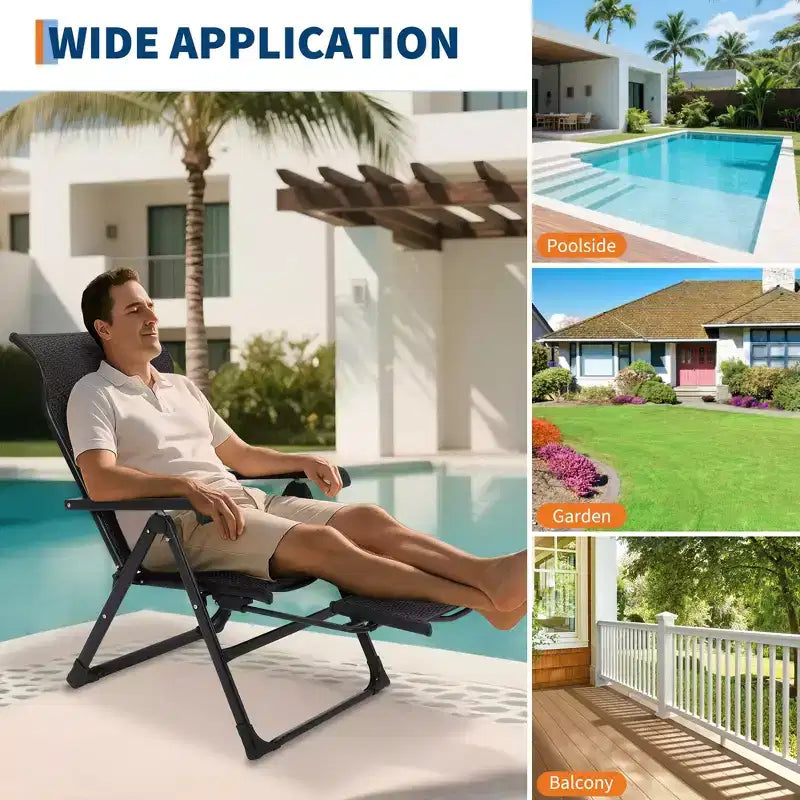 Chaise longue pliante en rotin pour l'extérieur, chaise longue portable d'extérieur, repose-pieds d'extérieur réversible, rotin PE, 150 kg, convient pour le jardin, le balcon