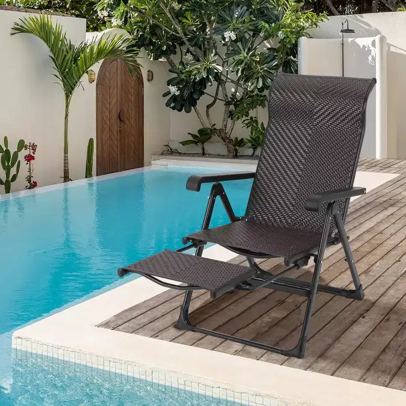 Chaise longue pliante en rotin pour l'extérieur, chaise longue portable d'extérieur, repose-pieds d'extérieur réversible, rotin PE, 150 kg, convient pour le jardin, le balcon