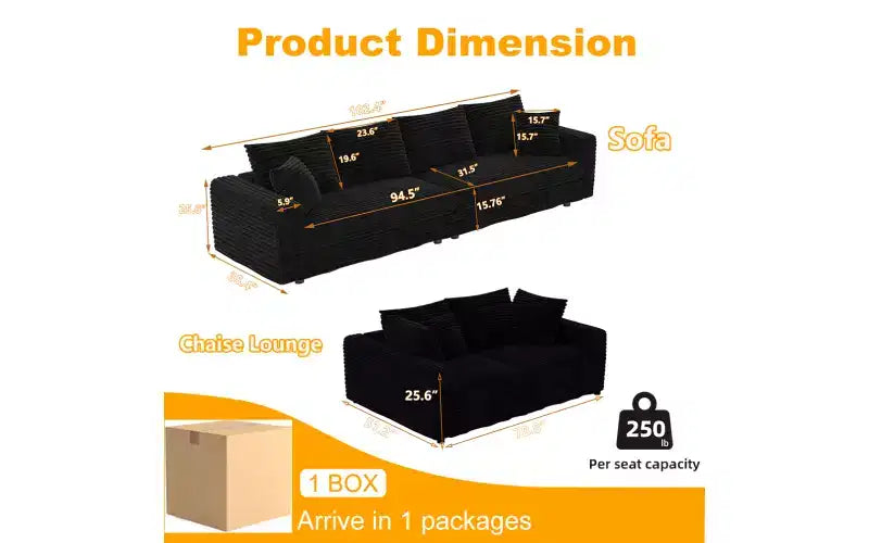 102.4 Canapé 4 places en velours côtelé moelleux, avec oreillers doux, méridienne convertible à assise profonde pour salon, chambre, appartement, bureau
