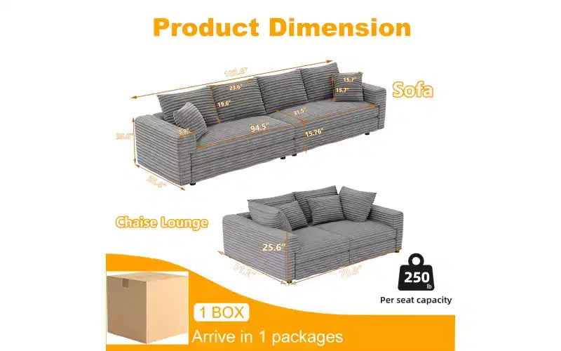 102.4 Canapé 4 places en velours côtelé moelleux, avec oreillers doux, méridienne convertible à assise profonde pour salon, chambre, appartement, bureau