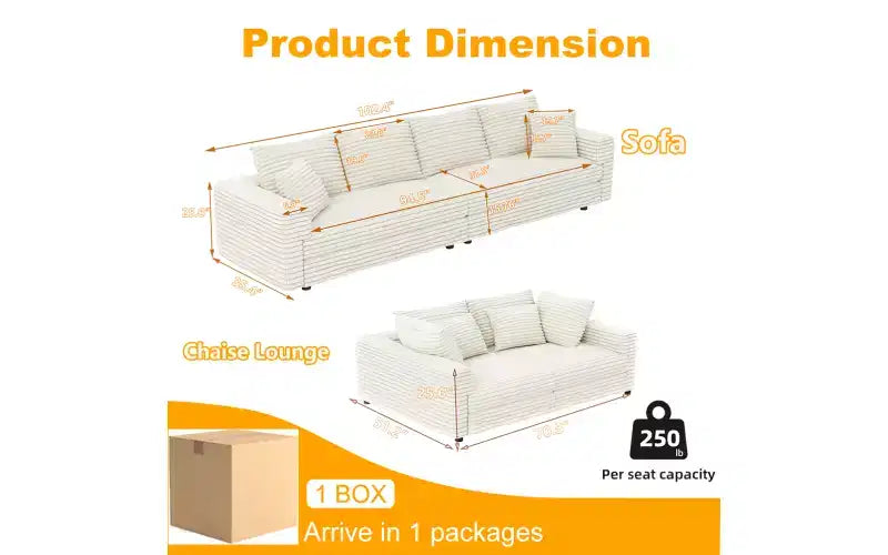 102.4 Canapé 4 places en velours côtelé moelleux, avec oreillers doux, méridienne convertible à assise profonde pour salon, chambre, appartement, bureau