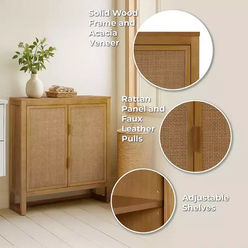 Meuble d'appoint moderne boho Hatteras avec accents en bois massif et rotin naturel - Teamson Home