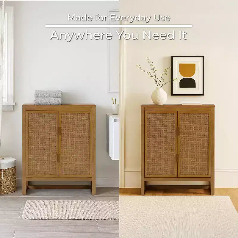 Meuble d'appoint moderne boho Hatteras avec accents en bois massif et rotin naturel - Teamson Home