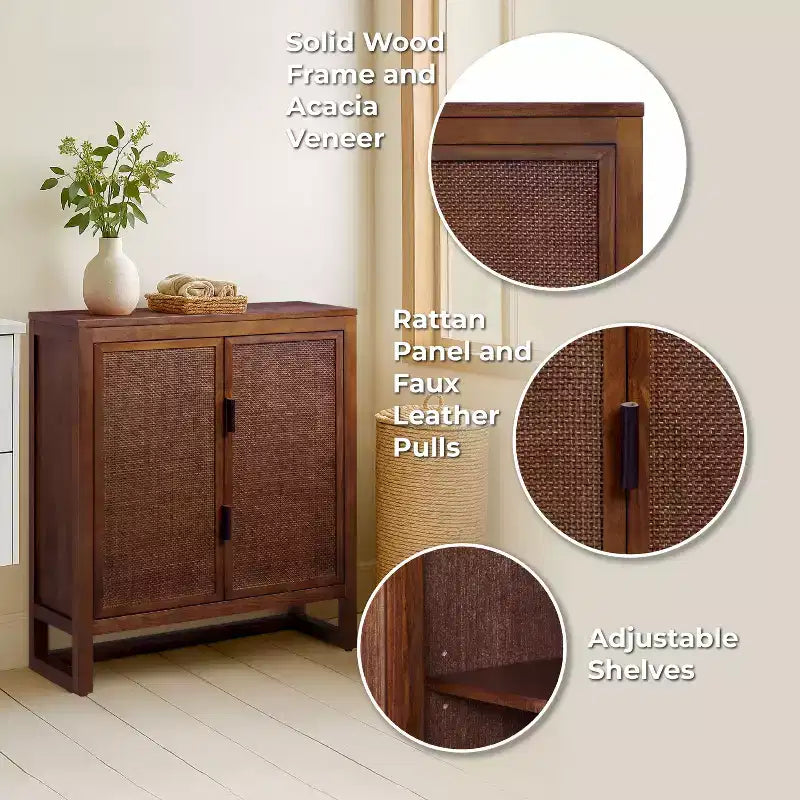 Meuble d'appoint moderne boho Hatteras avec accents en bois massif et rotin naturel - Teamson Home