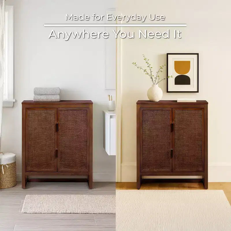 Meuble d'appoint moderne boho Hatteras avec accents en bois massif et rotin naturel - Teamson Home
