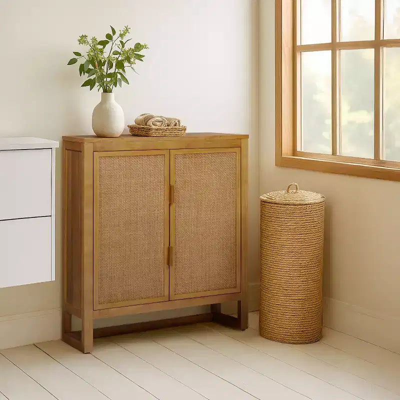 Meuble d'appoint moderne boho Hatteras avec accents en bois massif et rotin naturel - Teamson Home