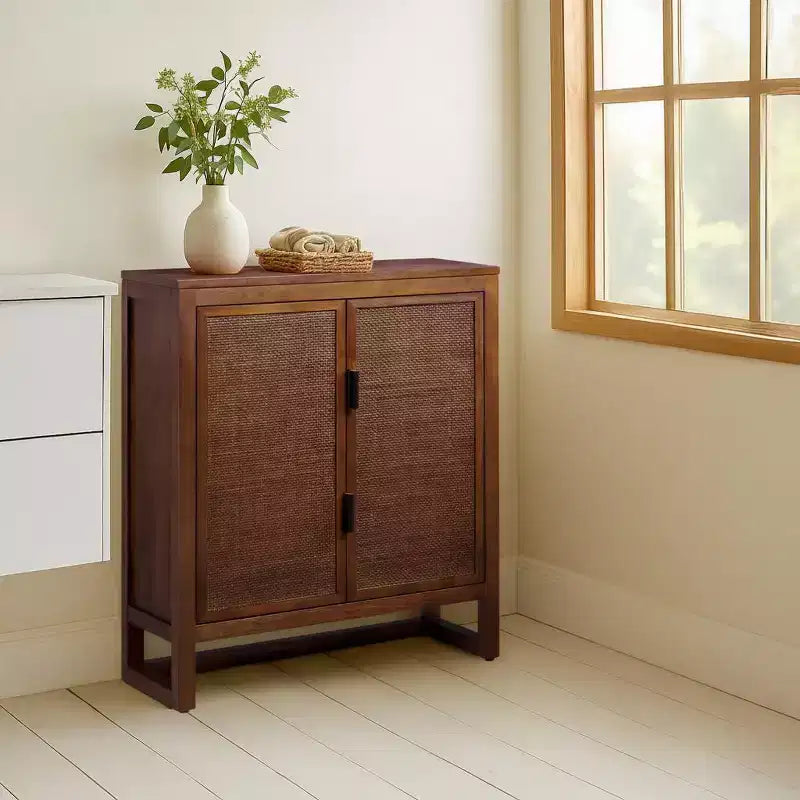 Meuble d'appoint moderne boho Hatteras avec accents en bois massif et rotin naturel - Teamson Home