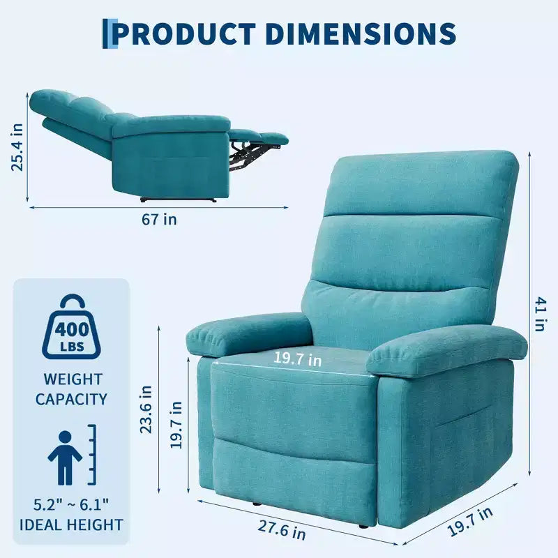 Fauteuil inclinable pour adultes, manuel, en tissu, avec poche latérale, canapé individuel ergonomique réglable pour petit salon, chambre d'enfant, chambre à coucher