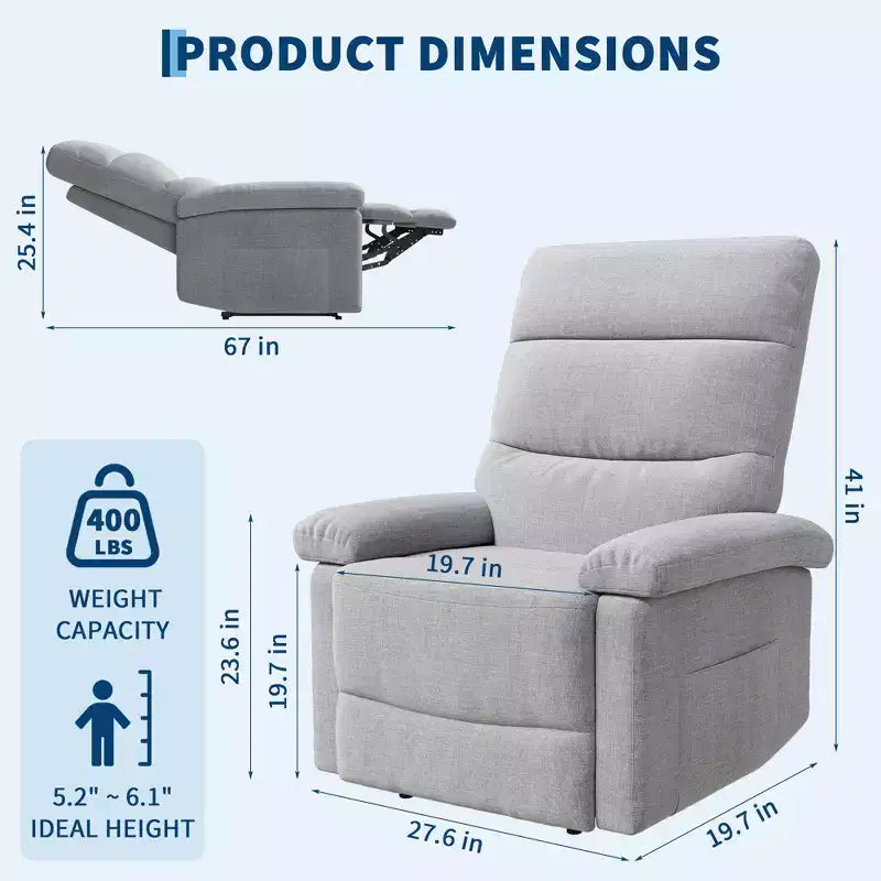 Fauteuil inclinable pour adultes, manuel, en tissu, avec poche latérale, canapé individuel ergonomique réglable pour petit salon, chambre d'enfant, chambre à coucher