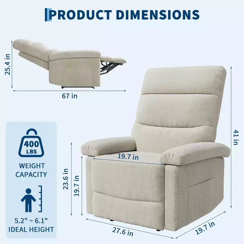 Fauteuil inclinable pour adultes, manuel, en tissu, avec poche latérale, canapé individuel ergonomique réglable pour petit salon, chambre d'enfant, chambre à coucher