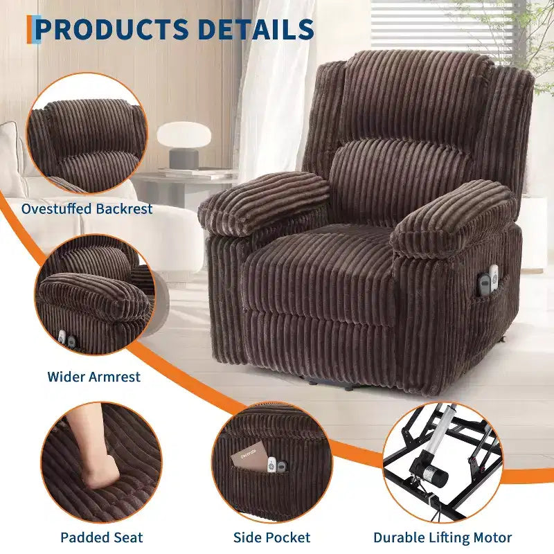 Fauteuil inclinable releveur électrique avec chaleur et massage, fauteuil releveur électrique avec siège rembourré et 2 poches latérales, canapé-fauteuil simple pour salon