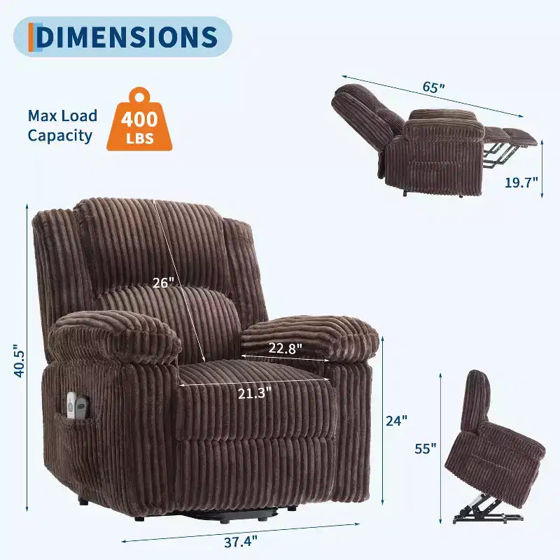 Fauteuil inclinable releveur électrique avec chaleur et massage, fauteuil releveur électrique avec siège rembourré et 2 poches latérales, canapé-fauteuil simple pour salon