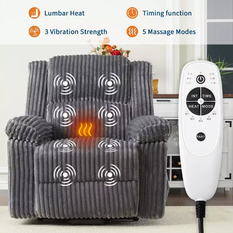 Fauteuil inclinable releveur électrique avec chaleur et massage, fauteuil releveur électrique avec siège rembourré et 2 poches latérales, canapé-fauteuil simple pour salon