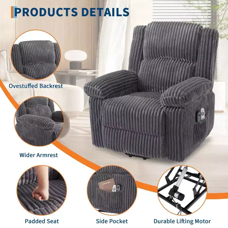 Fauteuil inclinable releveur électrique avec chaleur et massage, fauteuil releveur électrique avec siège rembourré et 2 poches latérales, canapé-fauteuil simple pour salon
