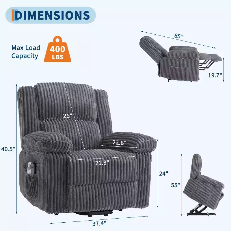 Fauteuil inclinable releveur électrique avec chaleur et massage, fauteuil releveur électrique avec siège rembourré et 2 poches latérales, canapé-fauteuil simple pour salon