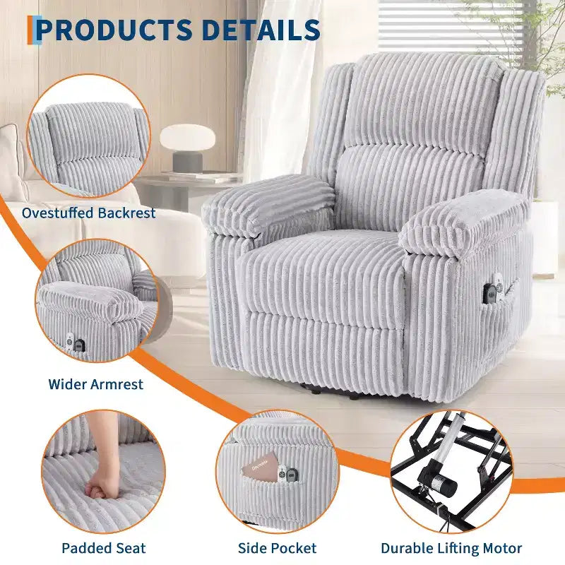 Fauteuil inclinable releveur électrique avec chaleur et massage, fauteuil releveur électrique avec siège rembourré et 2 poches latérales, canapé-fauteuil simple pour salon