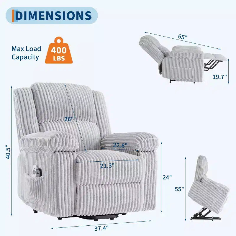 Fauteuil inclinable releveur électrique avec chaleur et massage, fauteuil releveur électrique avec siège rembourré et 2 poches latérales, canapé-fauteuil simple pour salon