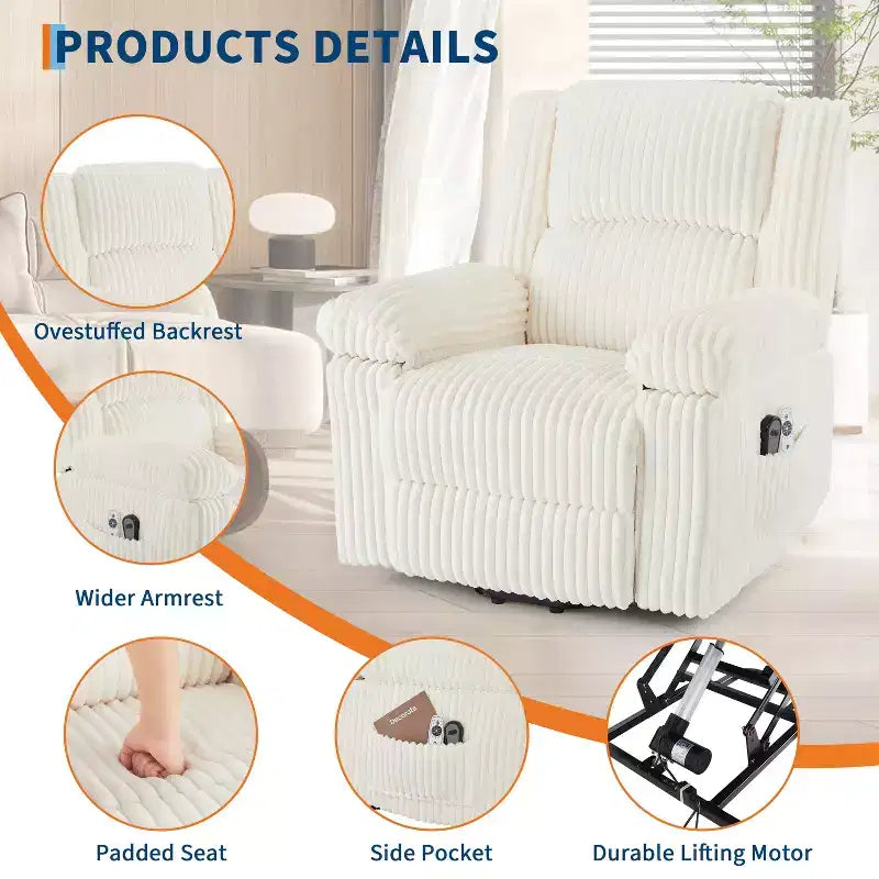 Fauteuil inclinable releveur électrique avec chaleur et massage, fauteuil releveur électrique avec siège rembourré et 2 poches latérales, canapé-fauteuil simple pour salon