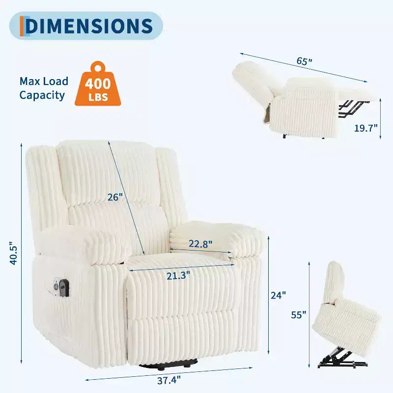 Fauteuil inclinable releveur électrique avec chaleur et massage, fauteuil releveur électrique avec siège rembourré et 2 poches latérales, canapé-fauteuil simple pour salon