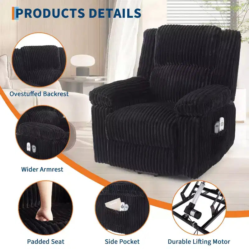 Fauteuil inclinable releveur électrique avec chaleur et massage, fauteuil releveur électrique avec siège rembourré et 2 poches latérales, canapé-fauteuil simple pour salon