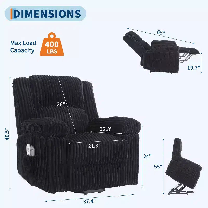 Fauteuil inclinable releveur électrique avec chaleur et massage, fauteuil releveur électrique avec siège rembourré et 2 poches latérales, canapé-fauteuil simple pour salon