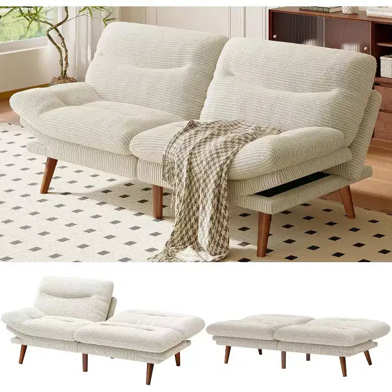 Canapé-lit en velours côtelé de 168 cm avec dossier et accoudoirs réglables, idéal pour les petits espaces, les salons ou les bureaux comme canapé futon convertible.