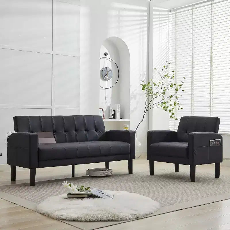 Canapé 2 places TYBOATLE, canapé moderne en lin, ensemble 2 pièces (causeuse et fauteuil) avec sièges profonds pour salon, noir