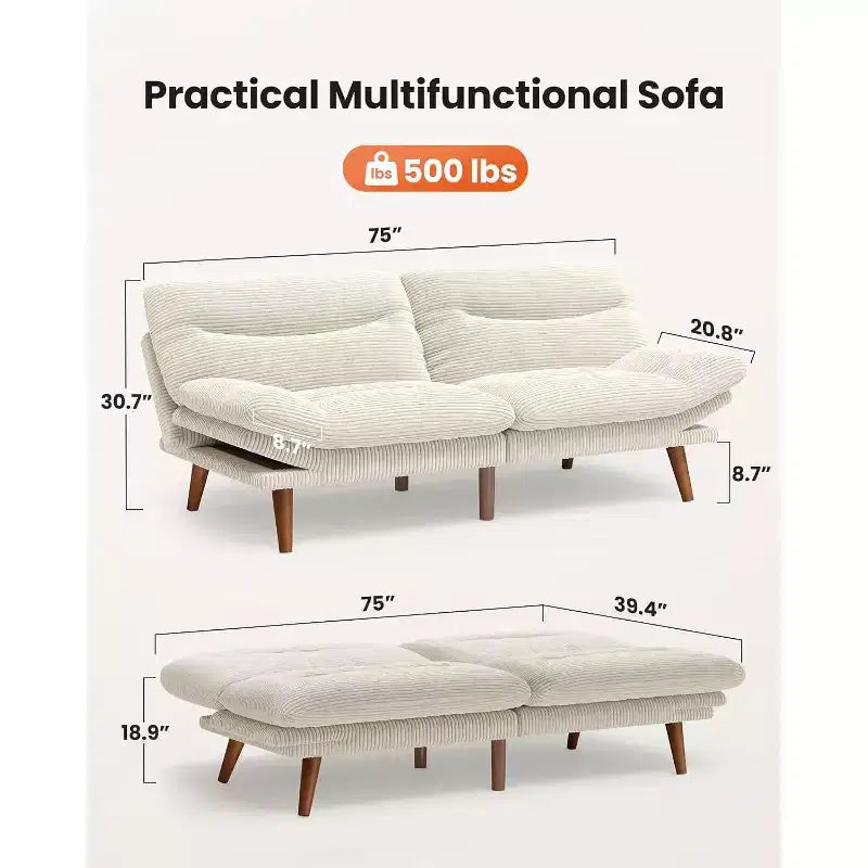 Canapé-Lit Futon, Canapé Futon Dossier Accoudoirs Réglables Blanc