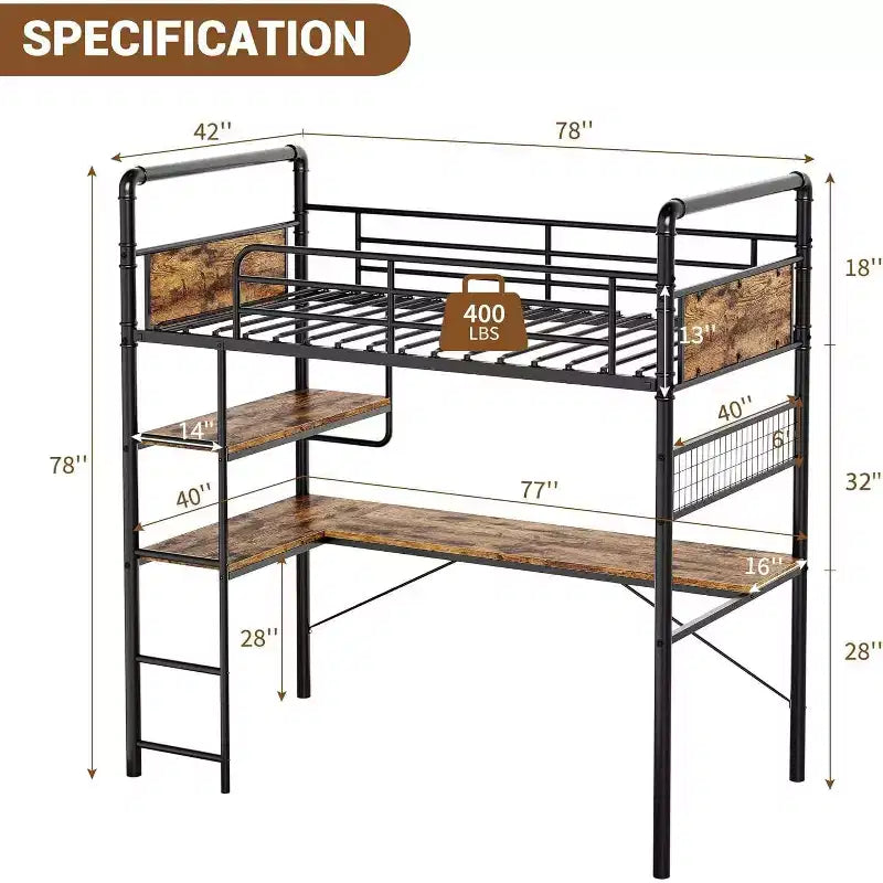 Acekool Lit mezzanine double avec bureau en L, 2 étagères ouvertes, panneau en maille, garde-corps, échelle
