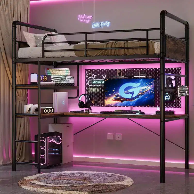 Acekool Lit mezzanine double avec bureau en L, 2 étagères ouvertes, panneau en maille, garde-corps, échelle