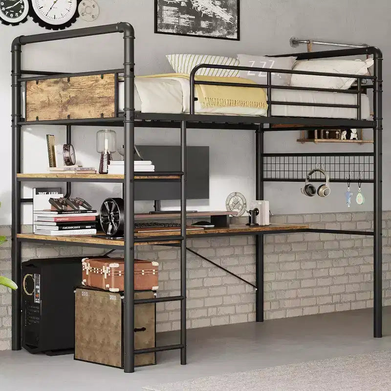 Acekool Lit mezzanine double avec bureau en L, 2 étagères ouvertes, panneau en maille, garde-corps, échelle