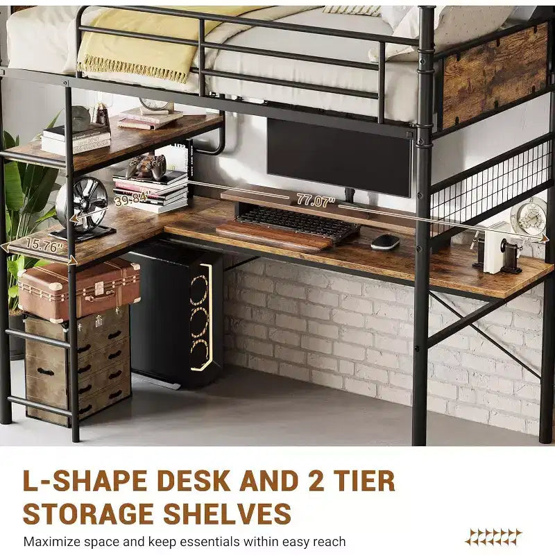 Acekool Lit mezzanine double avec bureau en L, 2 étagères ouvertes, panneau en maille, garde-corps, échelle