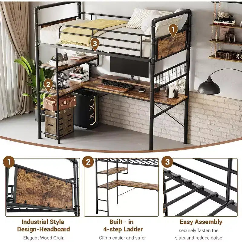 Acekool Lit mezzanine double avec bureau en L, 2 étagères ouvertes, panneau en maille, garde-corps, échelle