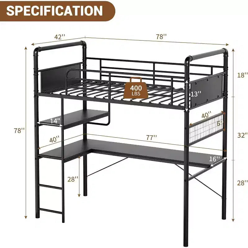 Acekool Lit mezzanine double avec bureau en L, 2 étagères ouvertes, panneau en maille, garde-corps, échelle