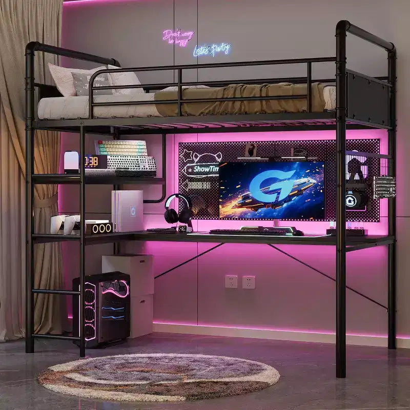 Acekool Lit mezzanine double avec bureau en L, 2 étagères ouvertes, panneau en maille, garde-corps, échelle