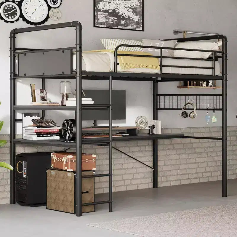 Acekool Lit mezzanine double avec bureau en L, 2 étagères ouvertes, panneau en maille, garde-corps, échelle